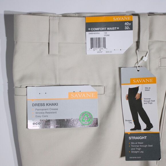 NWT Savane Elastic Comfort Waist Dress Khaki Pleat Cuff Pants Stone Men 40x32 - Picture 5 of 11